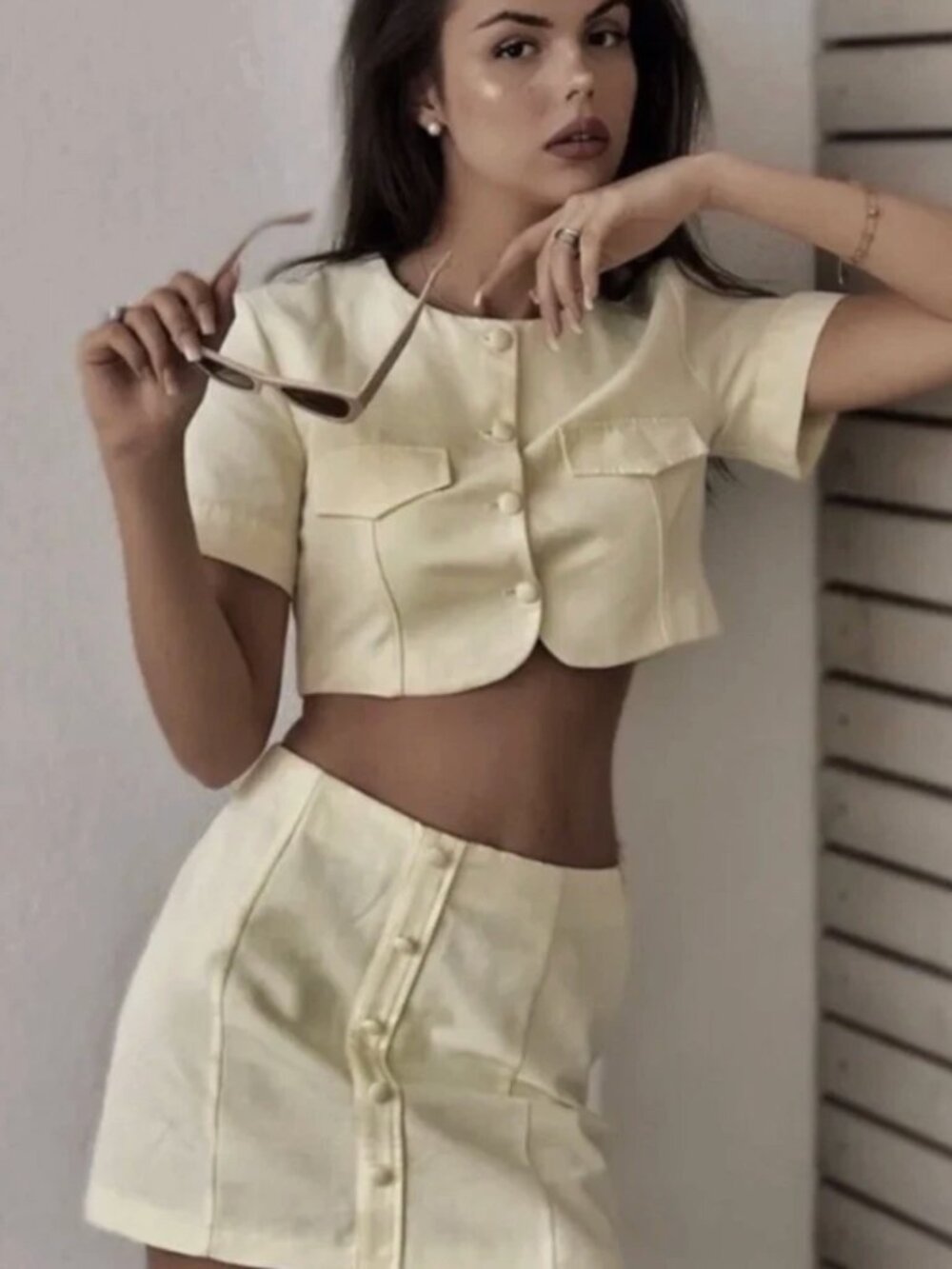 Zara Butter Yellow Linen Blend Co-Ord Set Size L NWT Button Top Mini Skirt - Picture 2 of 16